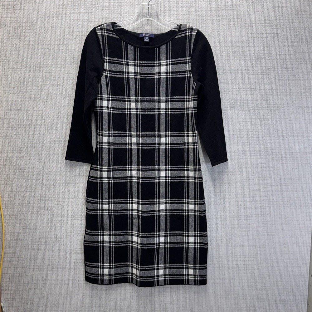 Chaps Sweater Dress Women‎ Medium Black White Plaid Sheath Preppy Academic